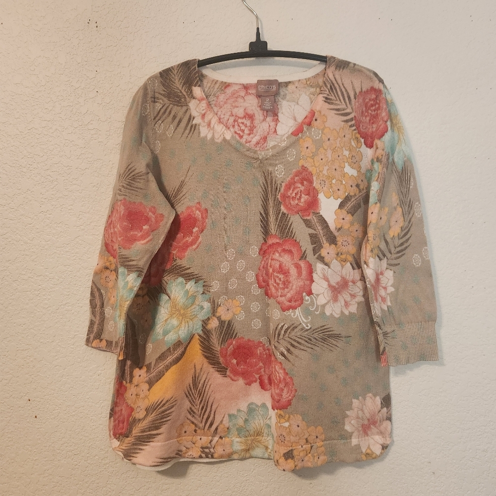 Chico's Lightweight Floral Pullover‎ Sweater, Size 2 (L)